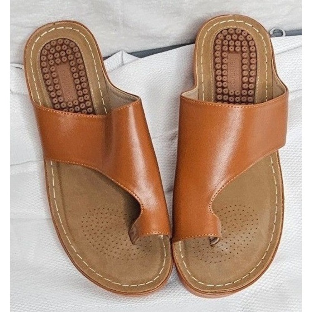 Belarosa Toe Loop Slide Sandals 41 Brown Faux Leather Comfort Wedge